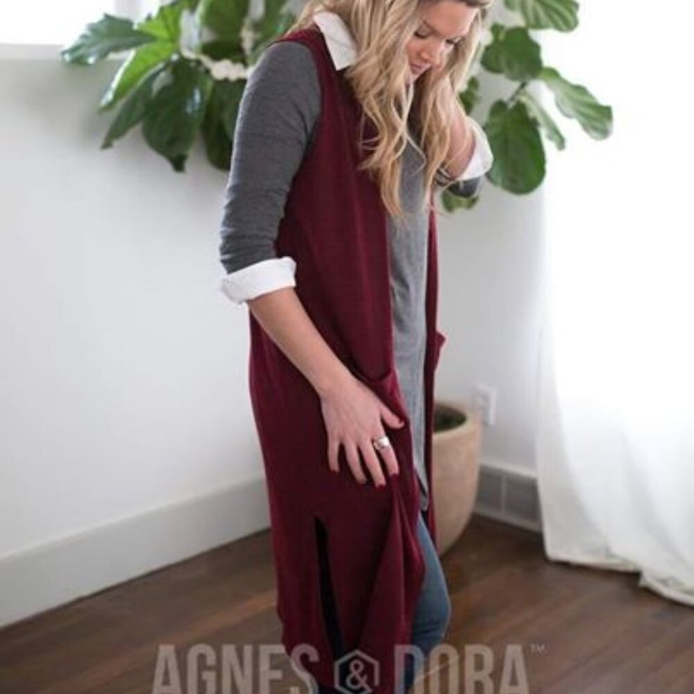 NWT Agnes & Dora Vest Duster Red Maroon Pockets M/L